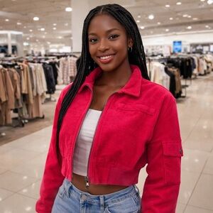 Nasty Gal Barbie Pink Cropped Corduroy Bomber Jacket, Size 2